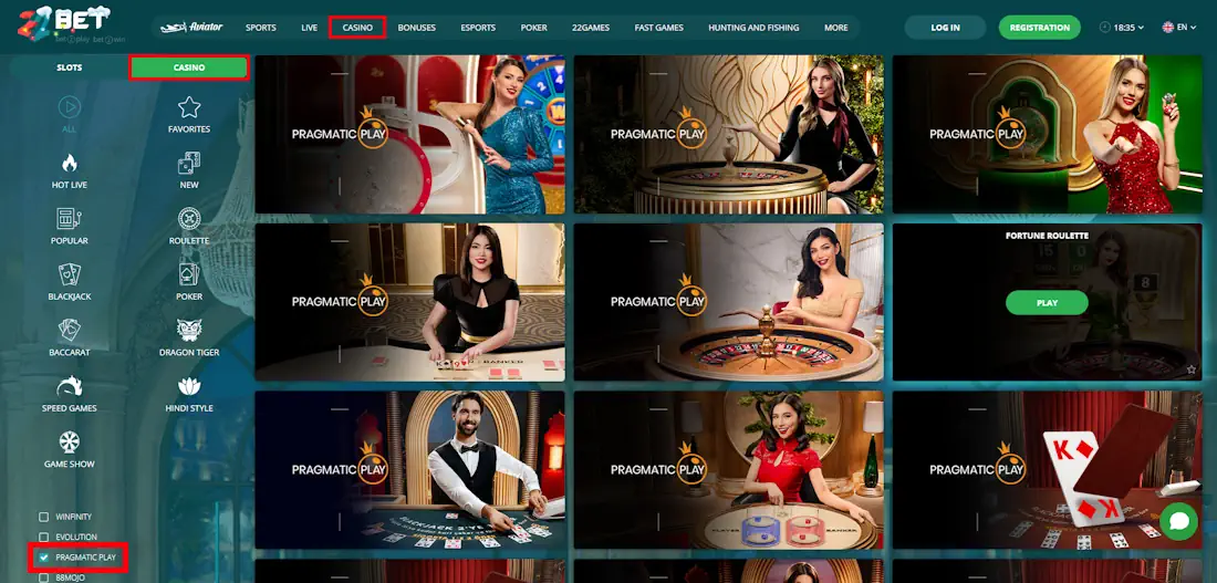 22Bet Pragmatic Play Live Games Screenshot